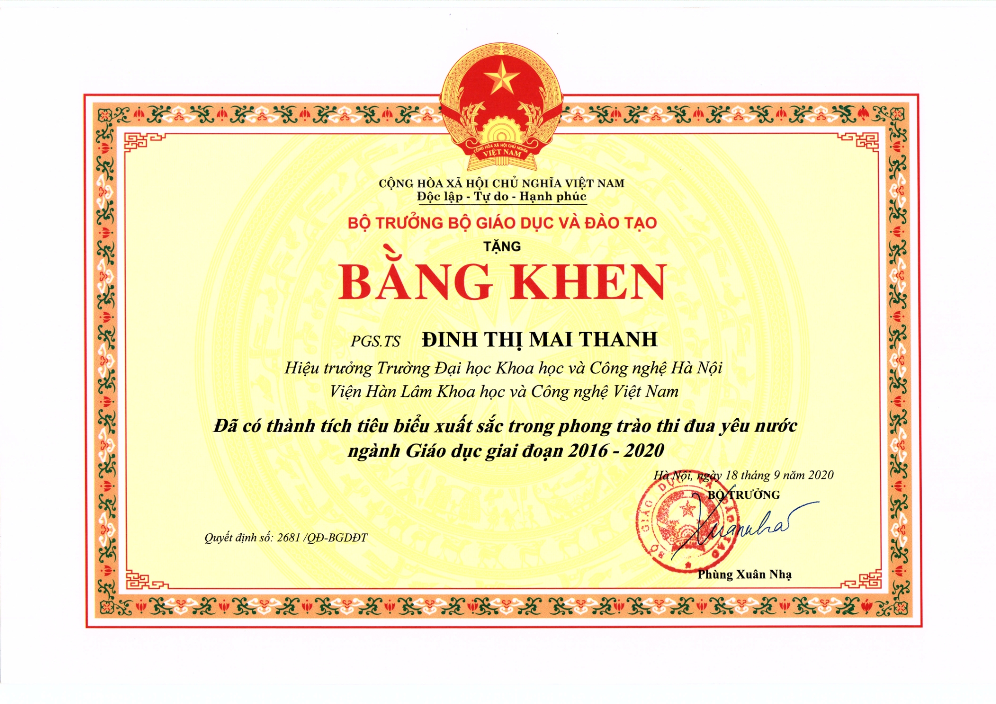 Bằng khen Đinh Thị Mai Thanh
